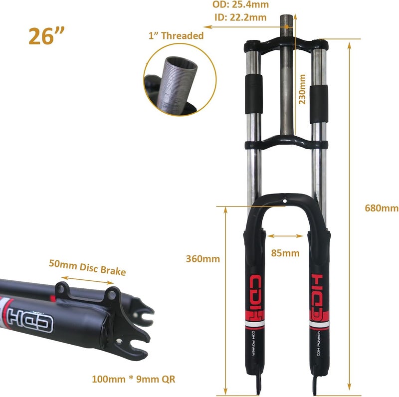 CDHPOWER 26" Suspension Fork 1" Threaded 25.4mm Straight Tube Double Shoulder Triple Tree, Disc Brake, Black, (Fork Only) - Image 2